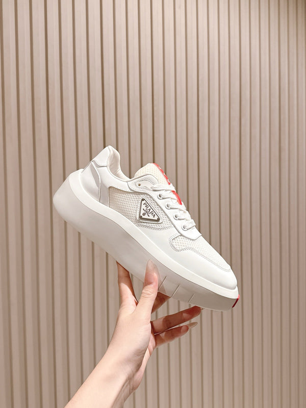 PRADA 25S SPORTY SNEAKERS 45MM WHITE RED COWHIDE