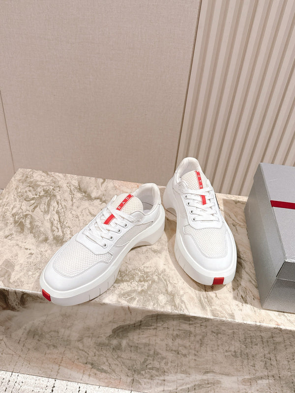 PRADA 25S SPORTY SNEAKERS 45MM WHITE RED COWHIDE