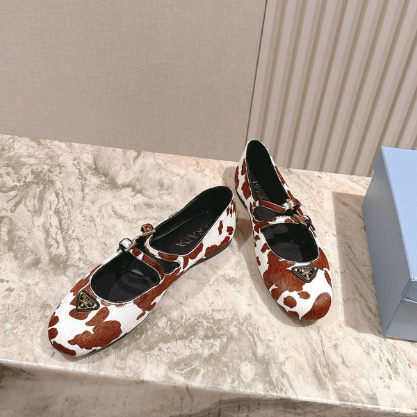 PRA 25s Ballet Flats with Small Buckle Brown White Cow Printed Calf-hair 449702