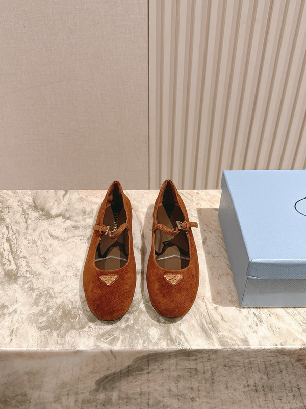 PRA 25s Ballet Flats with Small Buckle Chocolate Suede 449708