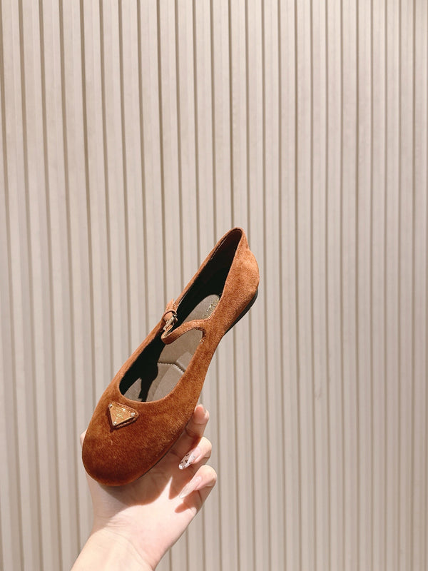 PRA 25s Ballet Flats with Small Buckle Chocolate Suede 449708