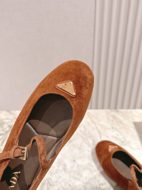 PRA 25s Ballet Flats with Small Buckle Chocolate Suede 449708
