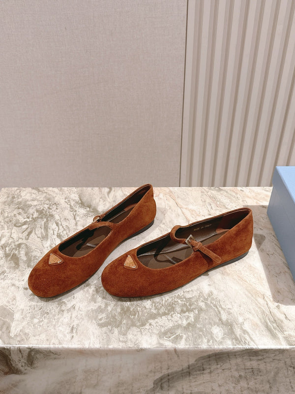 PRA 25s Ballet Flats with Small Buckle Chocolate Suede 449708