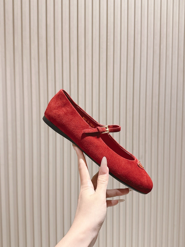 PRA 25s Ballet Flats with Small Buckle Red Suede 449709