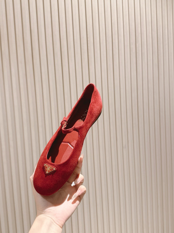 PRA 25s Ballet Flats with Small Buckle Red Suede 449709