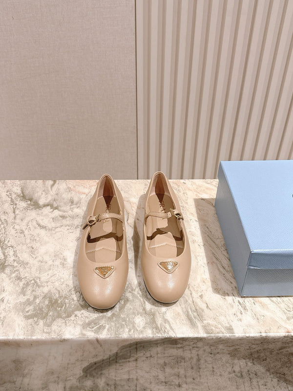 PRA 25s Ballet Flats with Small Buckle Beige Cowhide 449713