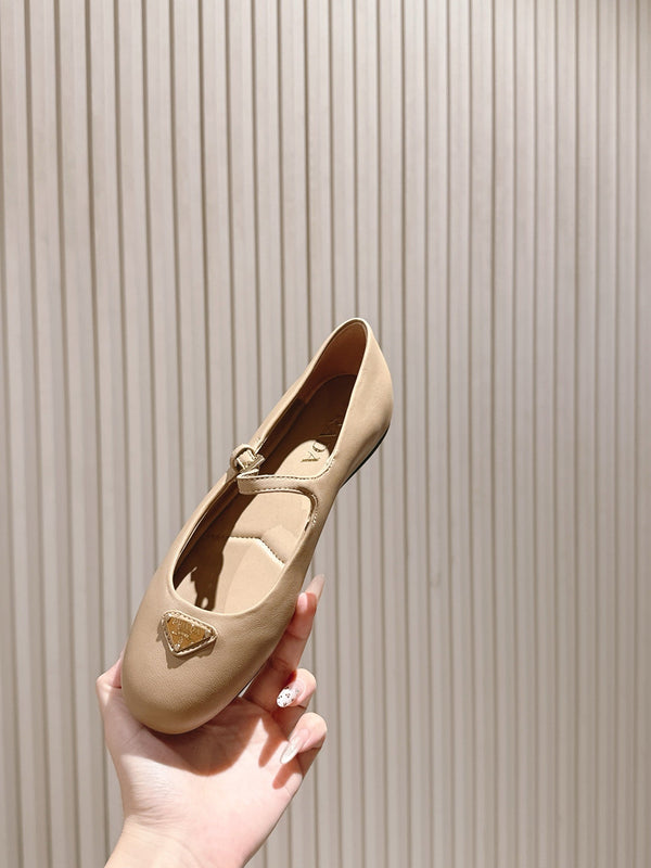 PRA 25s Ballet Flats with Small Buckle Beige Cowhide 449713