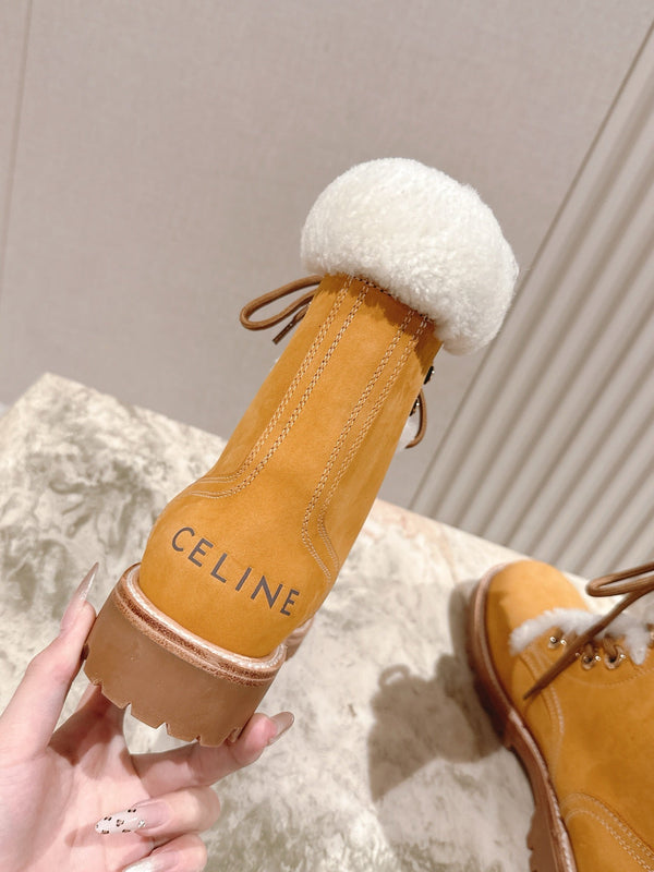 CELINE Kurt Lace-Up Mid Boot Light Brown Nubuck Calfskin And Shearling 452786