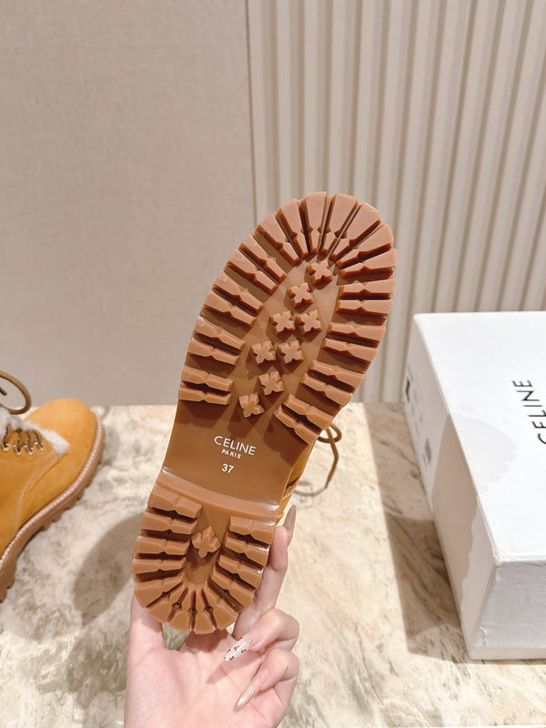 CELINE Kurt Lace-Up Mid Boot Light Brown Nubuck Calfskin And Shearling 452786