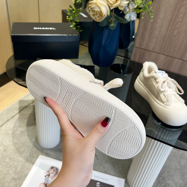 CC Sneaker Thick-Soled White Suede Wool Lining Fleece