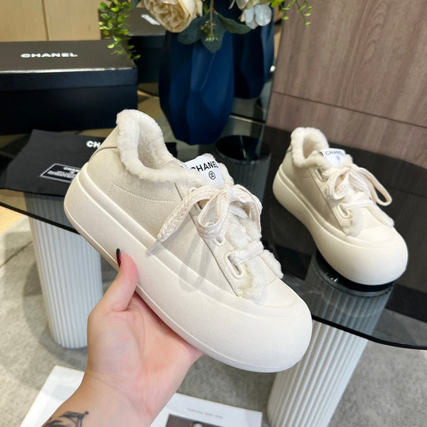 CC Sneaker Thick-Soled White Suede Wool Lining Fleece