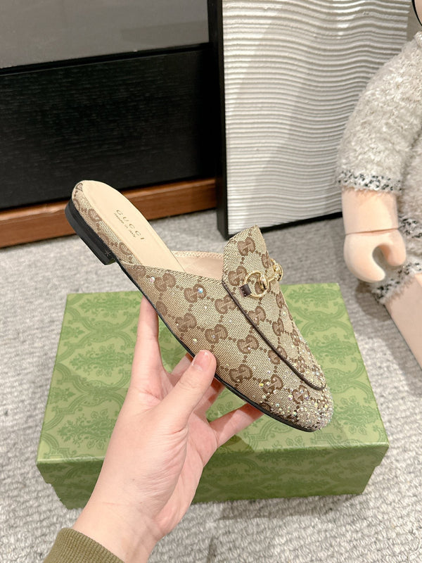 Horsebit Mule Beige Ebony Canvas Crystal-Embellished