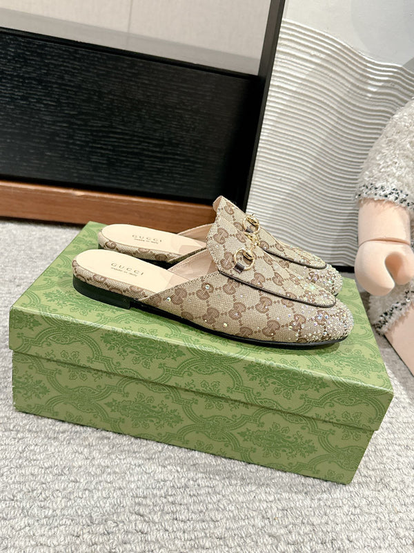 Horsebit Mule Beige Ebony Canvas Crystal-Embellished