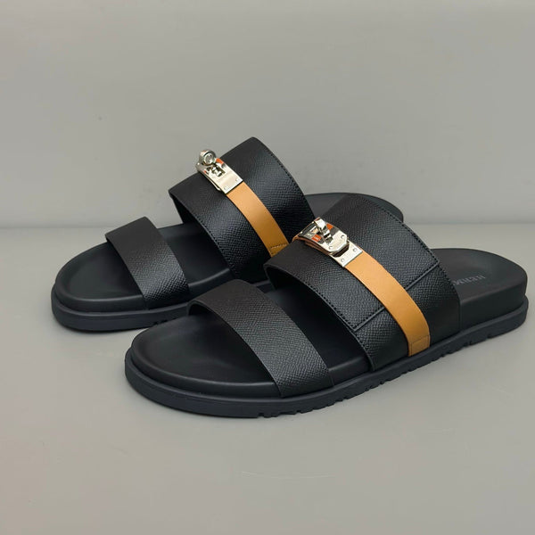 Sandali da uomo HM Jackson in pelle bovina nera e arancione mista 686964