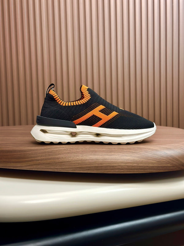 HM Men's Slip on Sneaker Black Orange Flyknit Fabric 690058