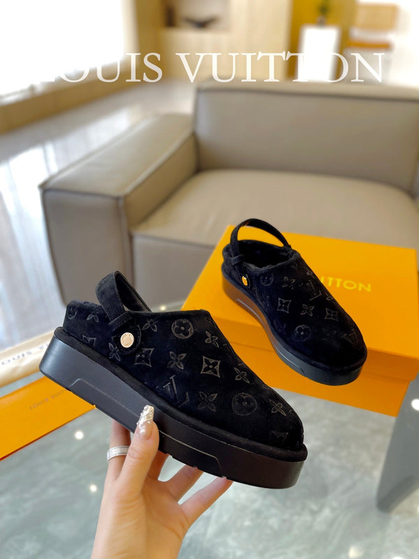 LV Aspen Platform Clog Black Monogram Suede