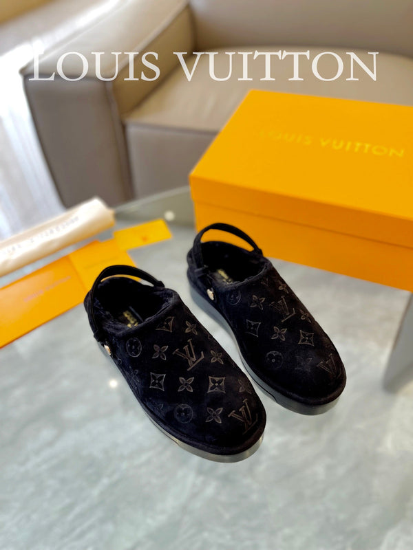 LV Aspen Platform Clog Black Monogram Suede