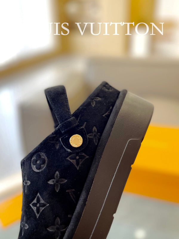 LV Aspen Platform Clog Black Monogram Suede