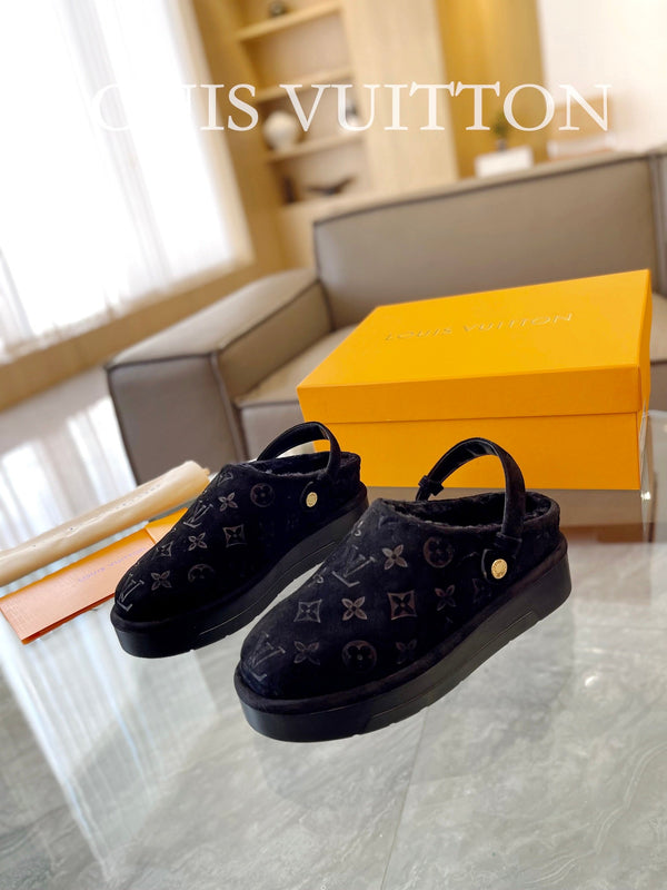 LV Aspen Platform Clog Black Monogram Suede