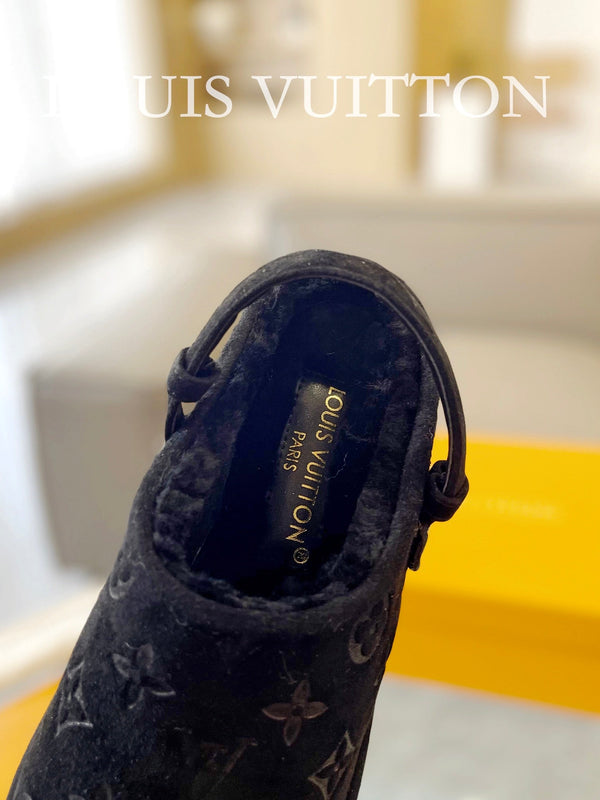 LV Aspen Platform Clog Black Monogram Suede