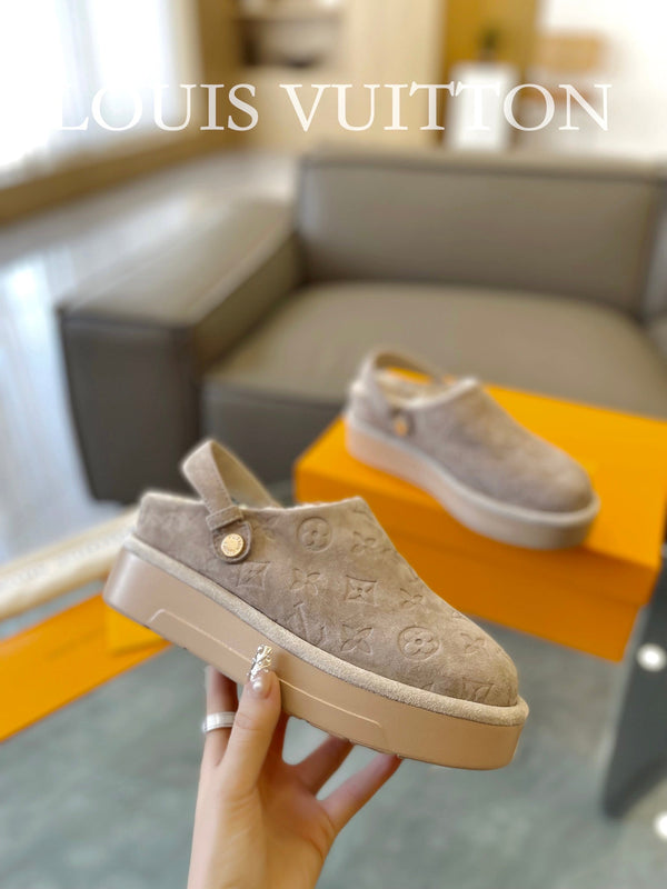 LV Aspen Platform Clog Beige Monogram Suede