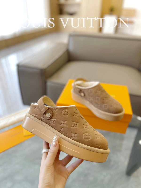 LV Aspen Platform Clog Light Brown Monogram Suede