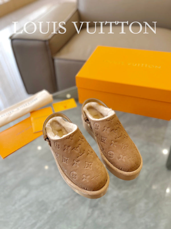 LV Aspen Platform Clog Light Brown Monogram Suede