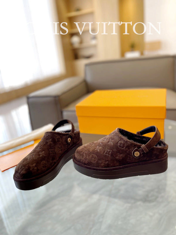 LV Aspen Platform Clog Walnut Brown Monogram Suede