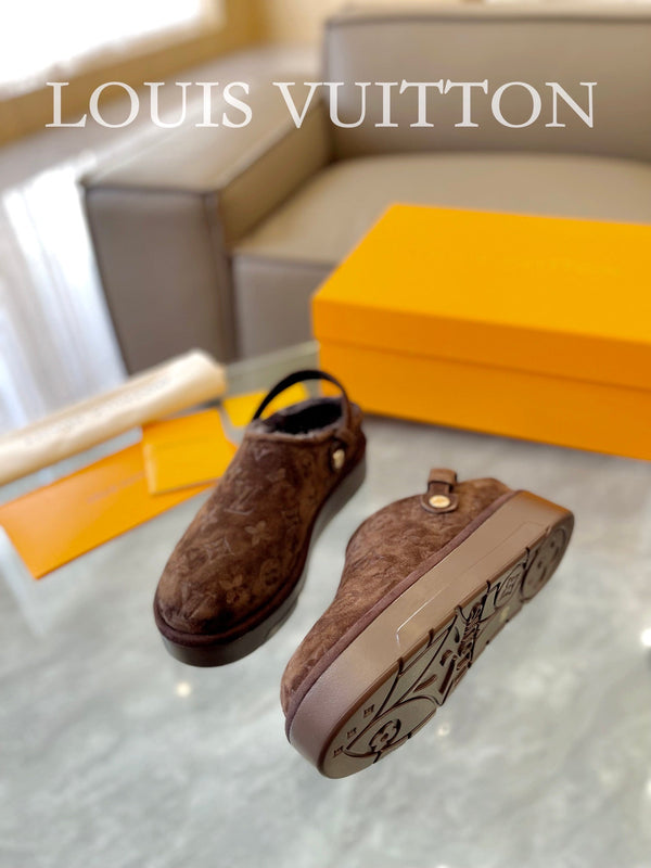 LV Aspen Platform Clog Walnut Brown Monogram Suede