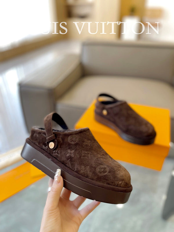 LV Aspen Platform Clog Walnut Brown Monogram Suede