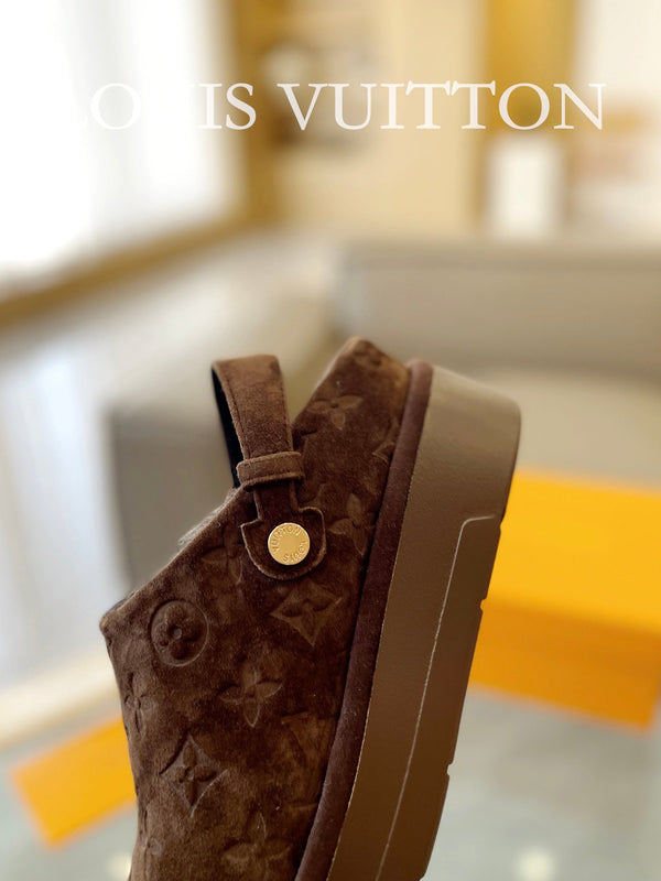 LV Aspen Platform Clog Walnut Brown Monogram Suede