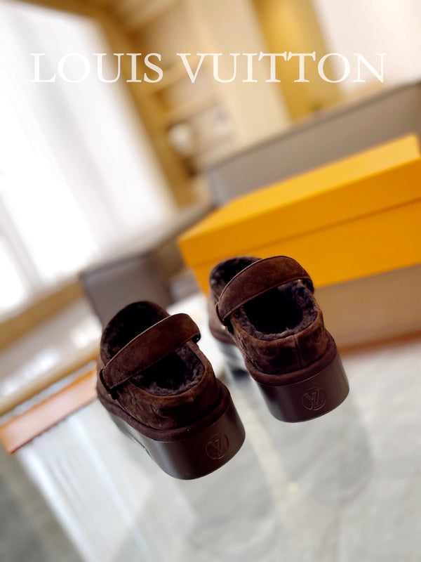 LV Aspen Platform Clog Walnut Brown Monogram Suede