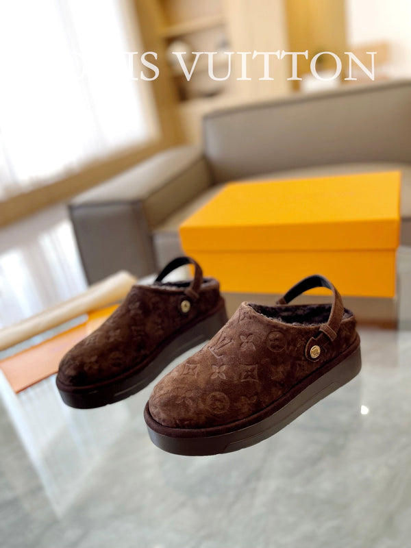 LV Aspen Platform Clog Walnut Brown Monogram Suede