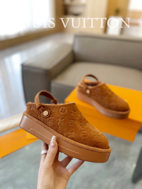 LV Aspen Platform Clog Orange Brown Monogram Suede