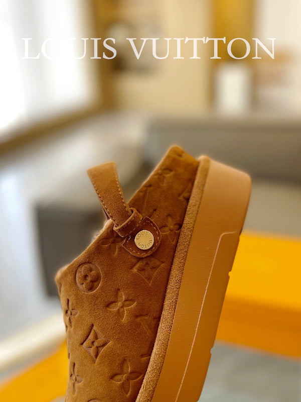 LV Aspen Platform Clog Orange Brown Monogram Suede
