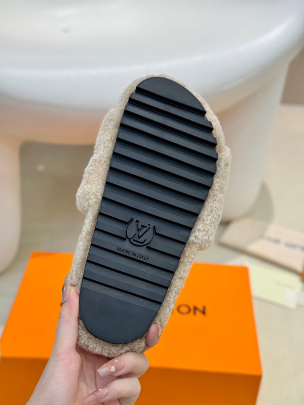 LV Fur Slippers Light Brown With Pink Text Pure Wool