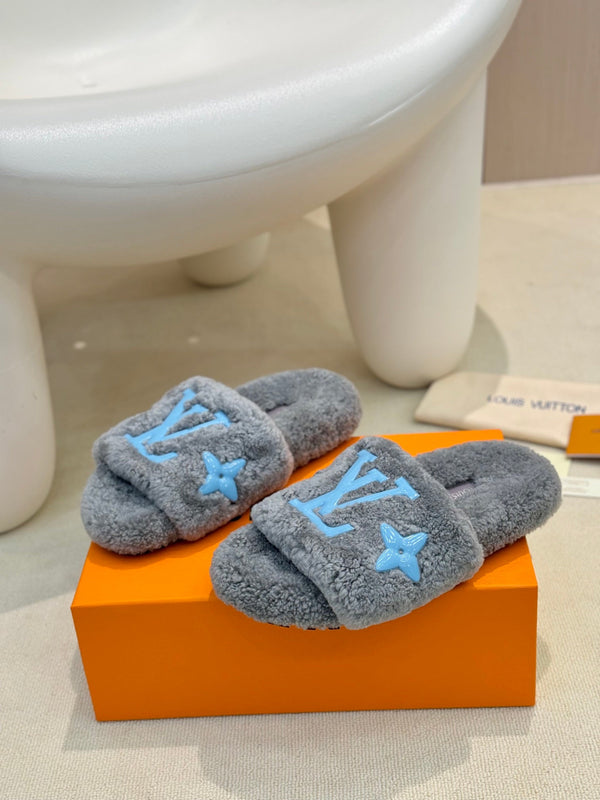LV Fur Slippers Gray With Blue Text Pure Wool