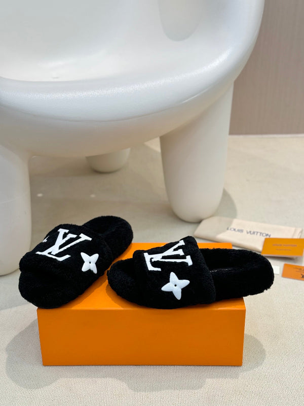 LV Fur Slippers Black With White Text Pure Wool