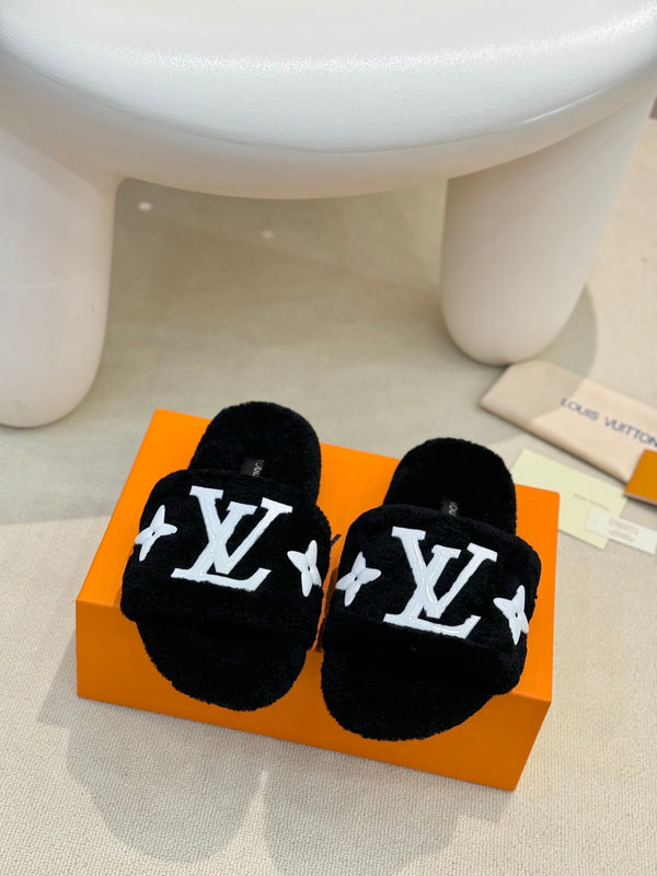 LV Fur Slippers Black With White Text Pure Wool