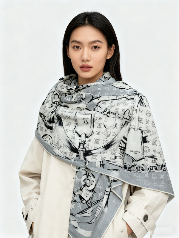 LV X TM Scarf 135CM Gray White Cashmere 293203