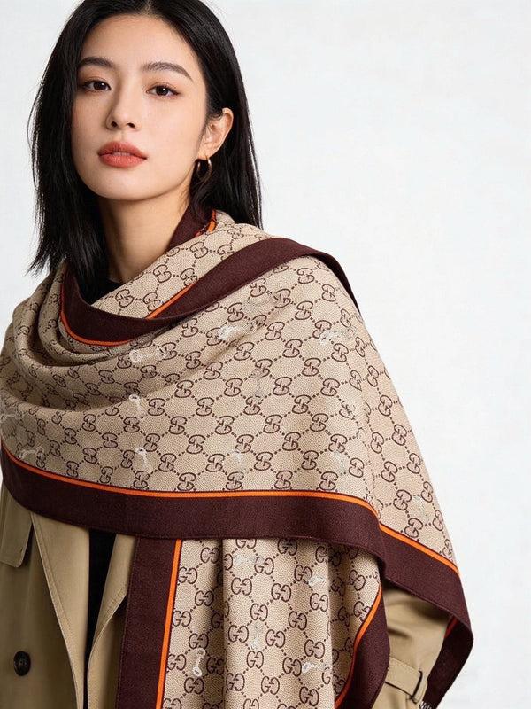 GG Scarf 135x135cm Beige Brown Cashmere Silk 286275
