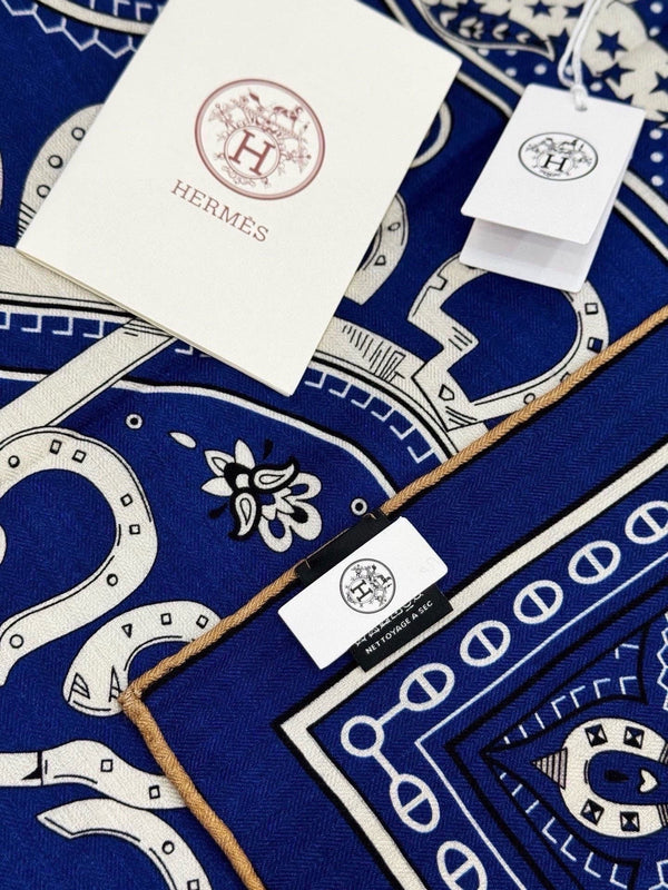 HM Cheval de Coeur Bandana Scarf 140*140cm Blue Cashmere Silk 286288