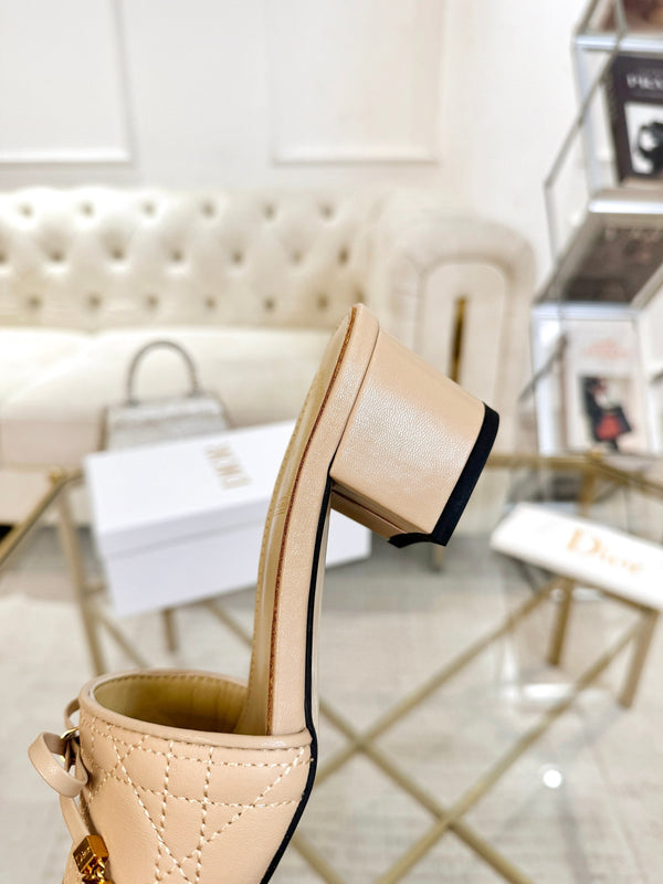 CD Cannage Heeled Slide 3.5cm Beige Quilted Lambskin 668029