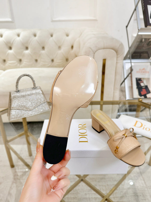 CD Cannage Heeled Slide 3.5cm Beige Quilted Lambskin 668029