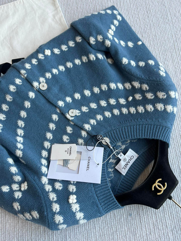 Cardigan Chanel 25P blu scuro misto cashmere bianco 229517