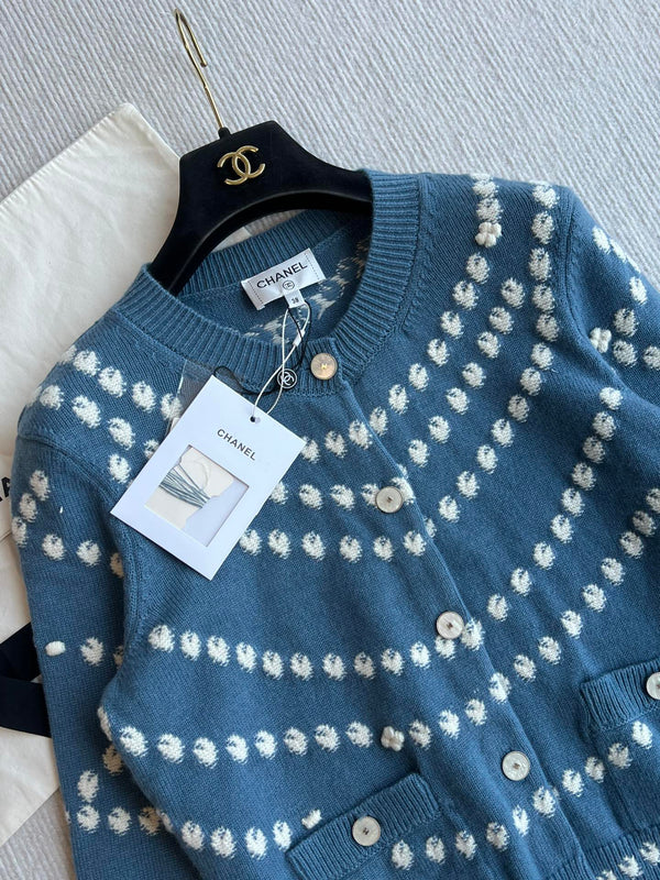 Cardigan Chanel 25P blu scuro misto cashmere bianco 229517