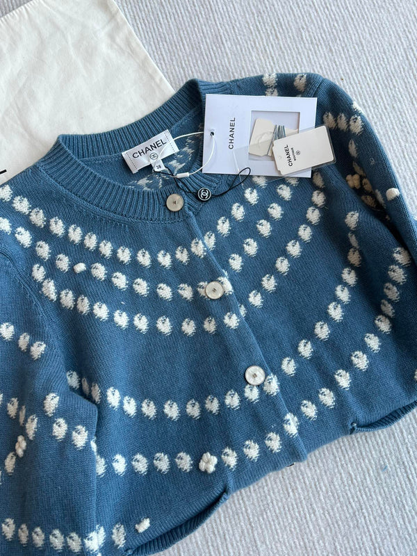 Cardigan Chanel 25P blu scuro misto cashmere bianco 229517