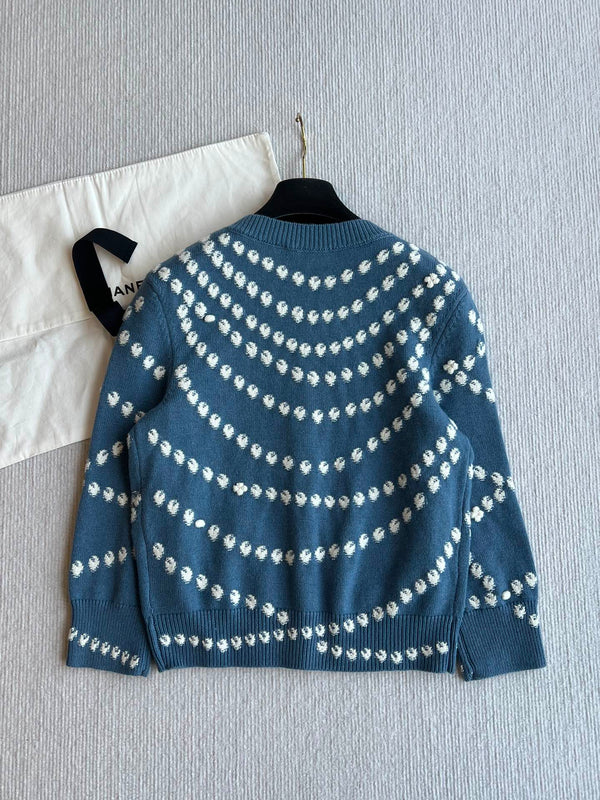 Cardigan Chanel 25P blu scuro misto cashmere bianco 229517