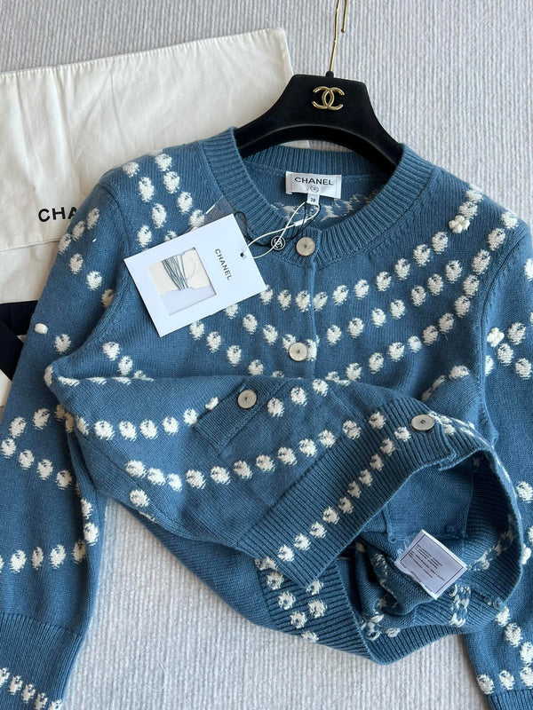 Cardigan Chanel 25P blu scuro misto cashmere bianco 229517