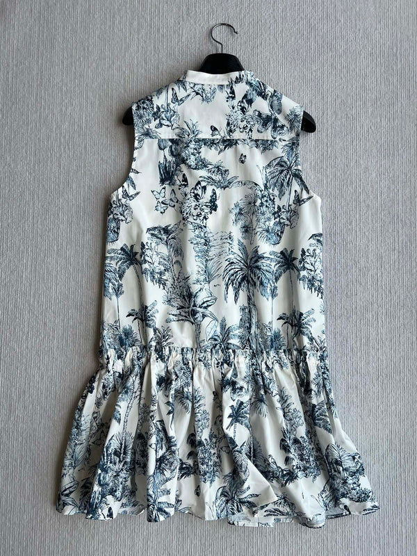CD 25 Painting Waist Sleeveless Dress White Blue Cotton Polyester